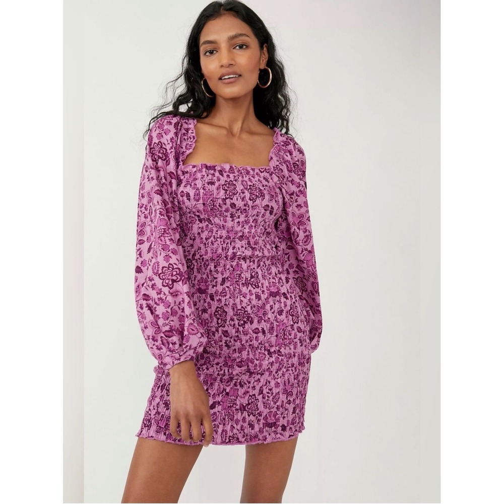 Free People Smock It To Me Mini Dress‎ Purple Floral Smocked Boho Dress S